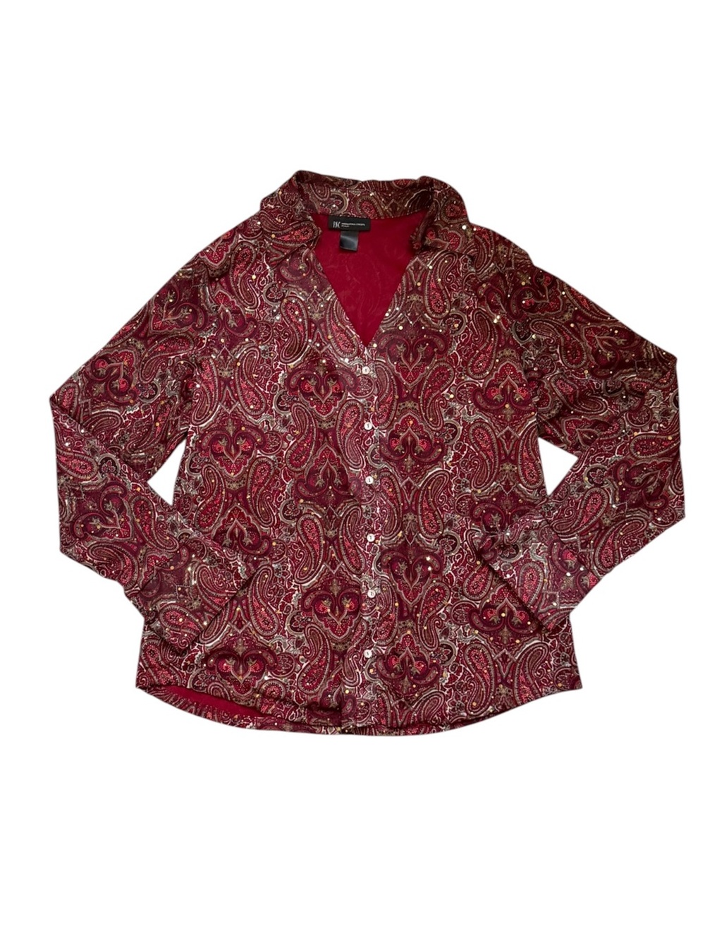 INC International Concepts Paisley Button-Down red burgundy long sleeve top